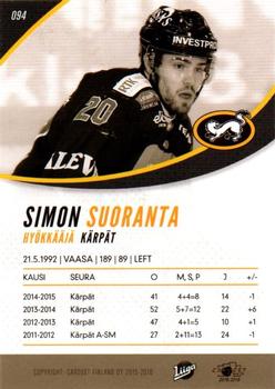 2015-16 Cardset Finland #094 Simon Suoranta Back