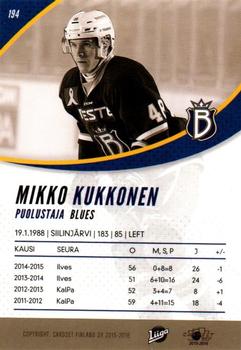 2015-16 Cardset Finland #194 Mikko Kukkonen Back