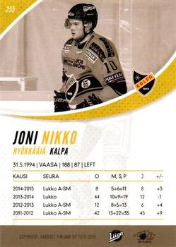 2015-16 Cardset Finland #255 Joni Nikko Back