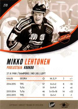 2015-16 Cardset Finland #279 Mikko Lehtonen Back