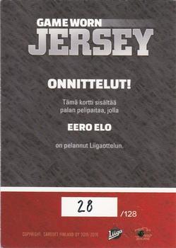 2015-16 Cardset Finland - Game Worn Jersey Series 1 Exchange #NNO Eero Elo Back