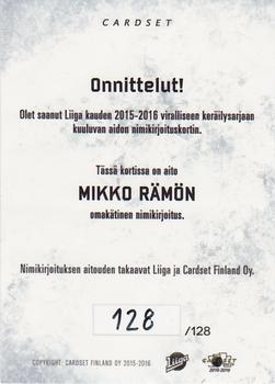 2015-16 Cardset Finland - Signature #NNO Mikko Rämö Back