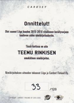 2015-16 Cardset Finland - Signature #NNO Teemu Rinkinen Back