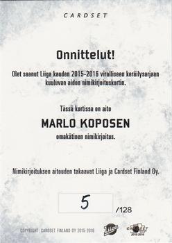 2015-16 Cardset Finland - Signature #NNO Marlo Koponen Back
