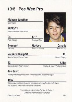 1992 Quebec International Pee-Wee Tournament #0696 Jonathan Maheux Back