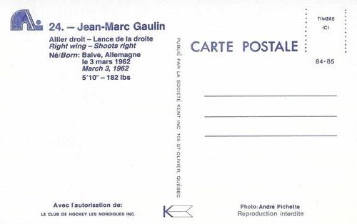1984-85 Quebec Nordiques Postcards #NNO Jean-Marc Gaulin Back