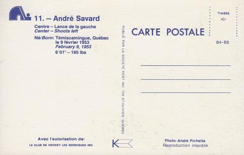 1984-85 Quebec Nordiques Postcards #NNO Andre Savard Back