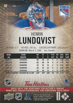 2015-16 Upper Deck Tim Hortons #30 Henrik Lundqvist Back
