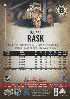 2015-16 Upper Deck Tim Hortons #36 Tuukka Rask Back