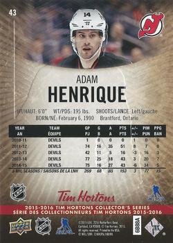2015-16 Upper Deck Tim Hortons #43 Adam Henrique Back