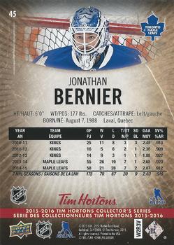 2015-16 Upper Deck Tim Hortons #45 Jonathan Bernier Back