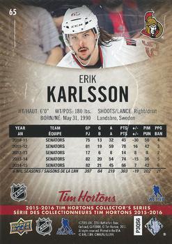 2015-16 Upper Deck Tim Hortons #65 Erik Karlsson Back