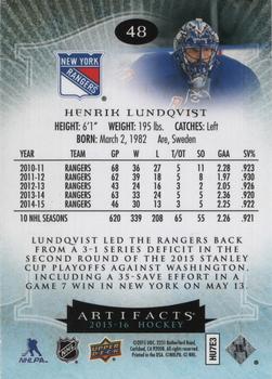 2015-16 Upper Deck Artifacts - Sapphire #48 Henrik Lundqvist Back