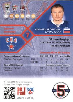 2012-13 Sereal KHL Basic Series #SKA-006 Dmitry Kalinin Back