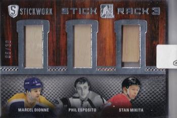 2015 Leaf In The Game Stickwork - Stick Rack 3 #SR3-08 Marcel Dionne / Phil Esposito / Stan Mikita Front