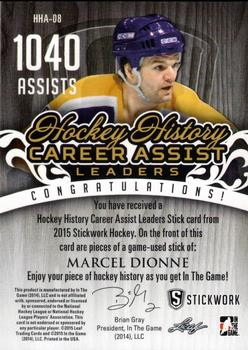 2015 Leaf In The Game Stickwork - Hockey History Assist Leaders Gold #HHA-08 Marcel Dionne Back