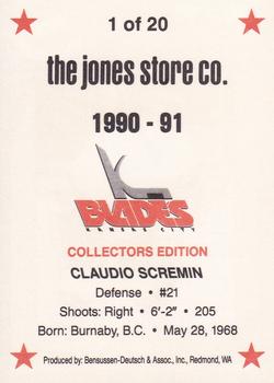 1990-91 Kansas City Blades (IHL) #1 Claudio Scremin Back