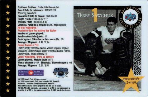 2001 Canada Post NHL All-Stars #2 Terry Sawchuk Back