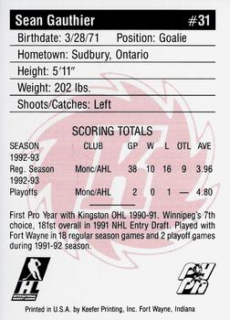 1993-94 Fort Wayne Komets (IHL) #NNO Sean Gauthier Back