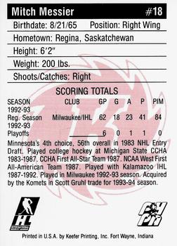 1993-94 Fort Wayne Komets (IHL) #NNO Mitch Messier Back
