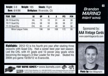 2012-13 Choice Fort Wayne Komets (ECHL) #2 Brandon Marino Back