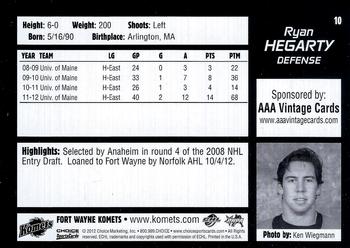2012-13 Choice Fort Wayne Komets (ECHL) #10 Ryan Hegarty Back