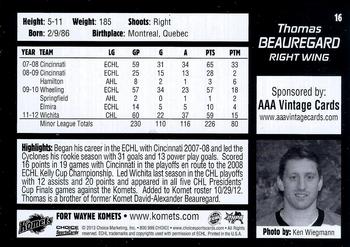 2012-13 Choice Fort Wayne Komets (ECHL) #16 Thomas Beauregard Back