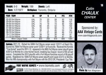 2012-13 Choice Fort Wayne Komets (ECHL) #18 Colin Chaulk Back