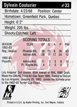 1992-93 Fort Wayne Komets (IHL) #NNO Sylvain Couturier Back