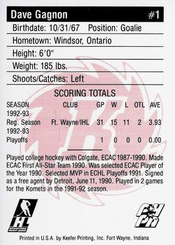 1992-93 Fort Wayne Komets (IHL) #NNO Dave Gagnon Back