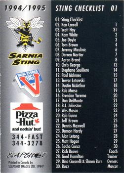 1994-95 Slapshot Sarnia Sting (OHL) #1 Header Card Back