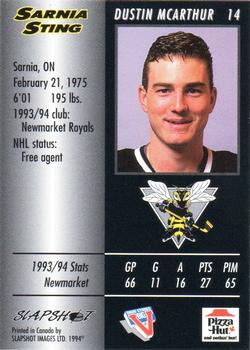 1994-95 Slapshot Sarnia Sting (OHL) #14 Dustin McArthur Back