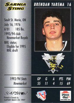 1994-95 Slapshot Sarnia Sting (OHL) #16 Brendan Yarema Back