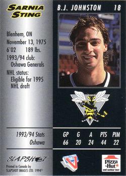 1994-95 Slapshot Sarnia Sting (OHL) #18 B.J. Johnston Back