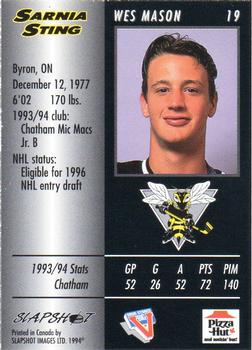 1994-95 Slapshot Sarnia Sting (OHL) #19 Wes Mason Back