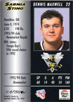 1994-95 Slapshot Sarnia Sting (OHL) #22 Dennis Maxwell Back