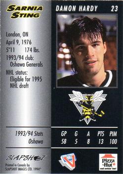 1994-95 Slapshot Sarnia Sting (OHL) #23 Damon Hardy Back