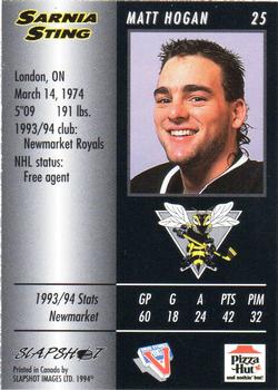1994-95 Slapshot Sarnia Sting (OHL) #25 Matt Hogan Back