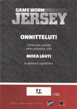 2015-16 Cardset Finland - Game Worn Jersey Series 2 Exchange #NNO Miika Lahti Back