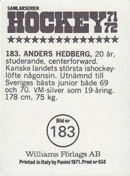 1971-72 Williams Hockey (Swedish) #183 Anders Hedberg Back