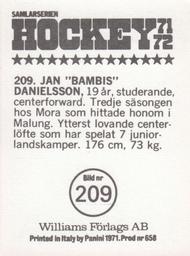 1971-72 Williams Hockey (Swedish) #209 Jan Danielsson Back
