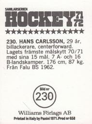 1971-72 Williams Hockey (Swedish) #230 Hans Carlsson Back