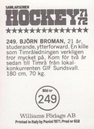 1971-72 Williams Hockey (Swedish) #249 Bjorn Broman Back