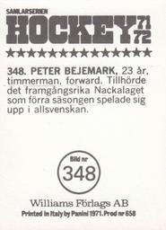 1971-72 Williams Hockey (Swedish) #348 Peter Bejemark Back