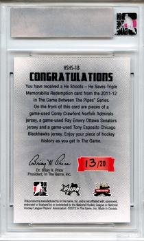 2011-12 In The Game Between The Pipes - He Shoots He Saves Special Memorabilia Cards #HSHS-18 Corey Crawford / Ray Emery / Tony Esposito Back