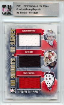 2011-12 In The Game Between The Pipes - He Shoots He Saves Special Memorabilia Cards #HSHS-18 Corey Crawford / Ray Emery / Tony Esposito Front