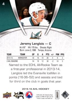 2015-16 Upper Deck AHL #4 Jeremy Langlois Back