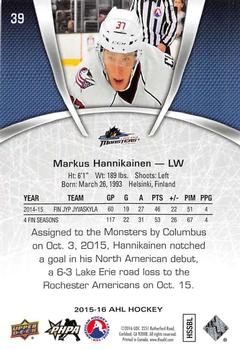 2015-16 Upper Deck AHL #39 Markus Hannikainen Back