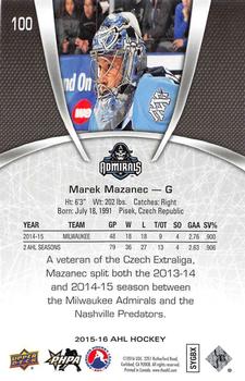 2015-16 Upper Deck AHL #100 Marek Mazanec Back