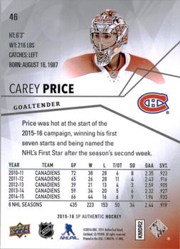 2015-16 SP Authentic #46 Carey Price Back